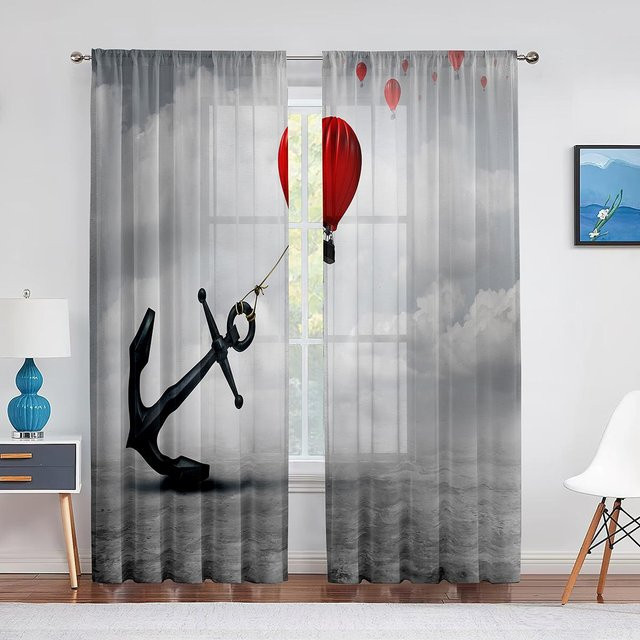 Nautischer Anker Chiffon-Vorhang in Grau, Transparenter Tüll-Vorhang mit Grafik-Design für Wohnzimmer und Schlafzimmer, Breite: 100 cm, Höhe: 250 cm - Bild 1