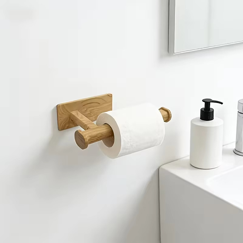 Wandmontierter Toilettenpapierhalter von HUILV in Braun mit Holzmaserung-Optik - Bild 2