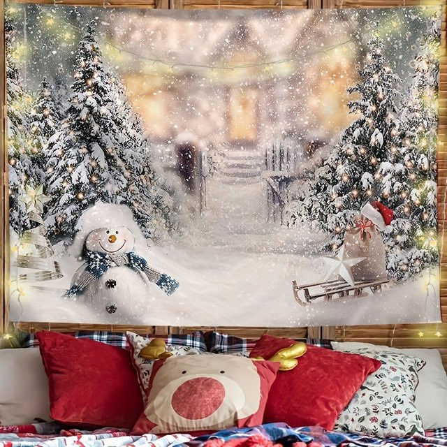 VIKAMA Wandteppich Weihnachten Schnee Szene für Wohnzimmer und Party Dekoration - Bild 1