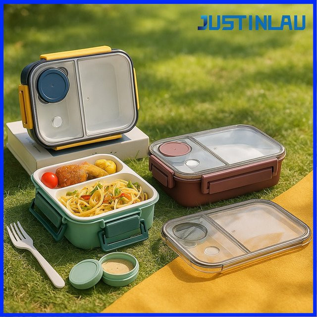 JUSTINLAU Bento-Box aus Edelstahl und PP mit 850ml, blau, mikrowellengeeignet mit Fächern und Snap-Lid - Bild 1