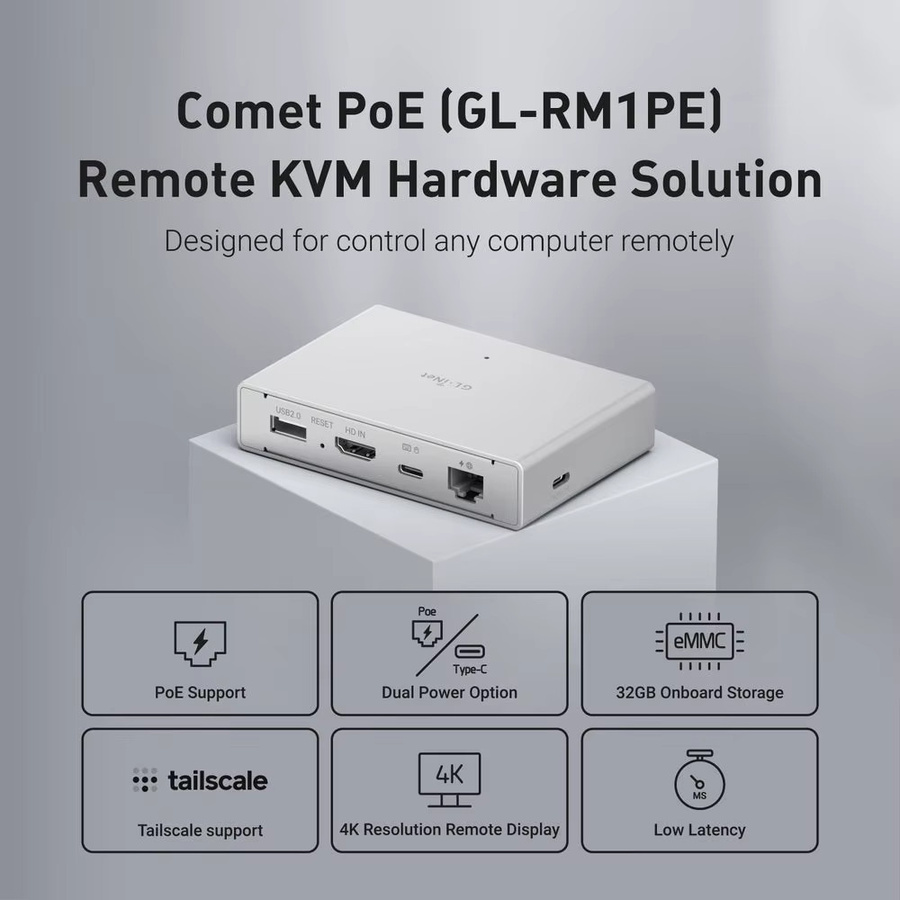 GL.iNet Comet PoE GL-RM1PE KVM-System für Fernzugriff mit 4K@30Hz, 32GB eMMC und Tailscale-Unterstützung über PoE oder USB-C - Bild 2