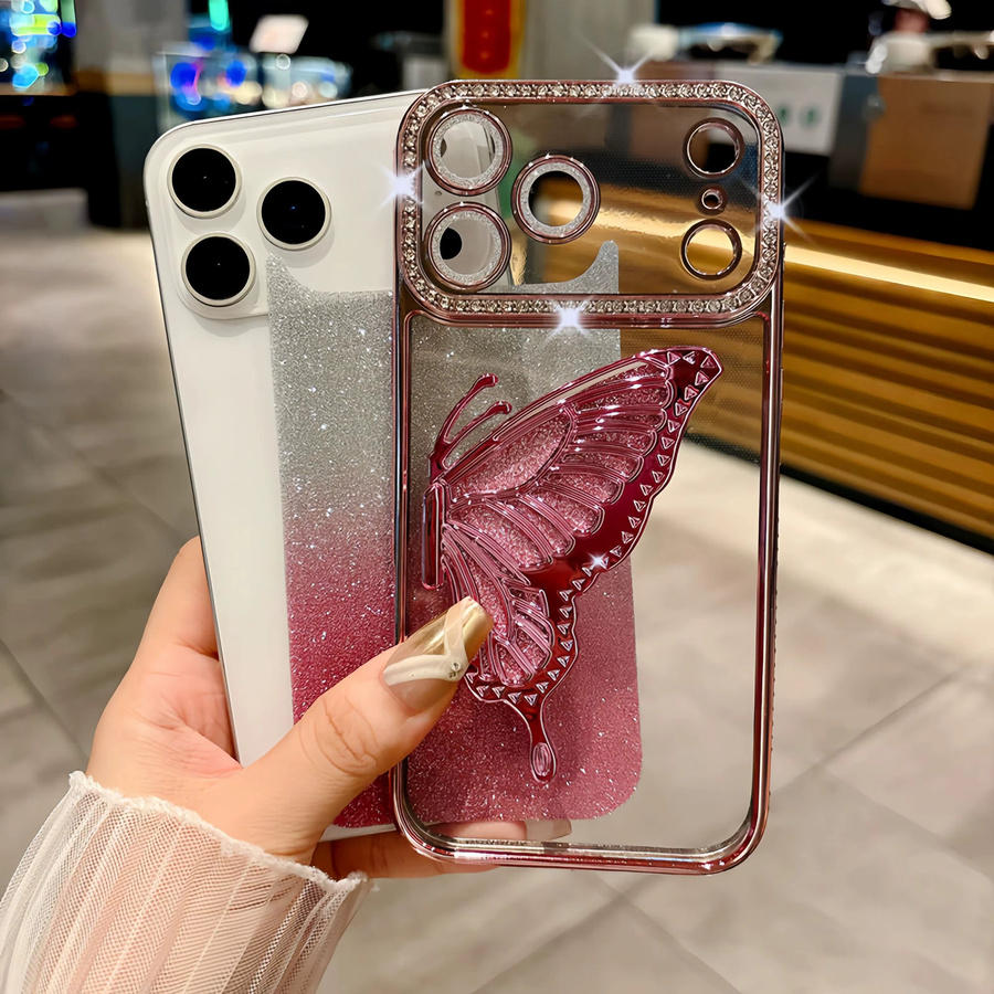 ZHUOHUAN Diamant-Schmetterlings-Handyhülle für iPhone 11 bis 17 Pro Max Plus in Blau mit Glitzer-Rückseite und Galvanisierung - Bild 3