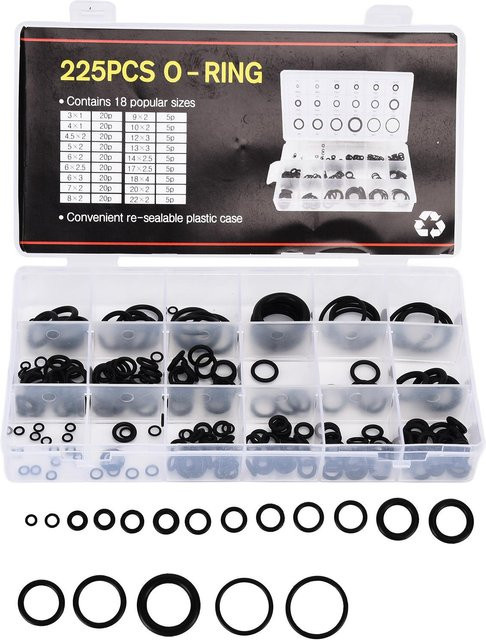 Meterk 225-teiliges Gummi-Sortiment-Kit mit O-Ring Dichtungsscheiben in Grau und Schwarz im Kunststoffkoffer - Bild 1