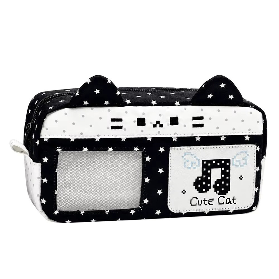 Tragbares Federmäppchen mit Pixel-Musik-Motiv und Katzenohren-Design in Schwarz-Weiß als großkapazitiver Schreibwaren-Organizer für deinen Schulbedarf - Bild 3