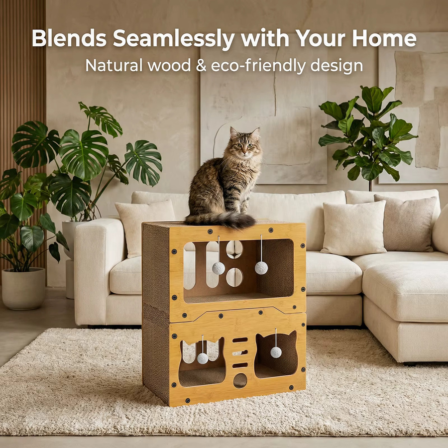 HGTUGO Katzenhaus aus Karton und Holz mit Kratzfläche als Katzen-Condo und Aktivitätszentrum in Gelb und Braun - Bild 3