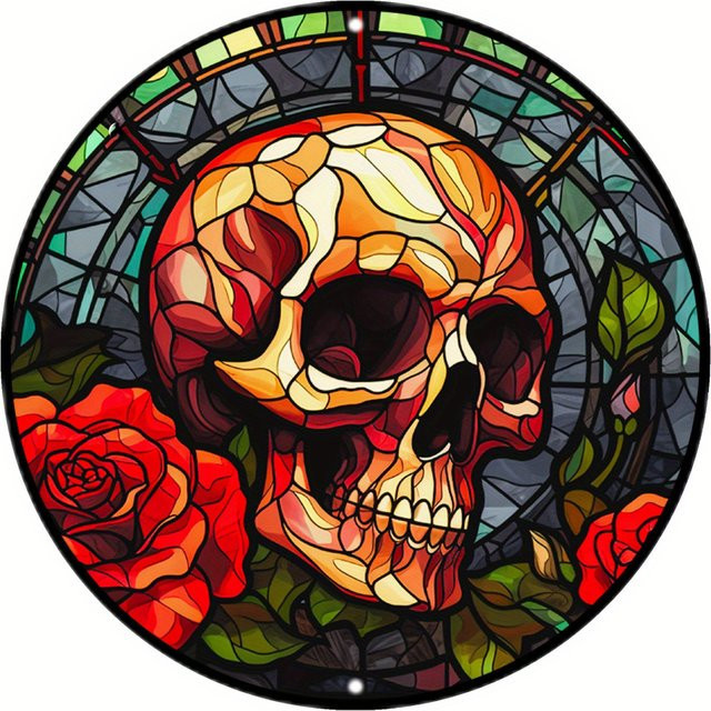 Potdemiel Rundes Aluminium-Metallschild mit Totenkopf und Rosen im Buntglas-Stil, Mehrfarbig, Durchmesser: 20 cm - Bild 1