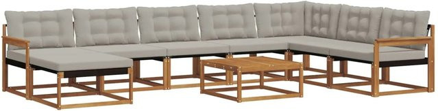 vidaXL Outdoor-Sofagarnitur 9-teilig aus Akazienholz mit Textilene und Kissen in Natur und Hellgrau - Bild 1
