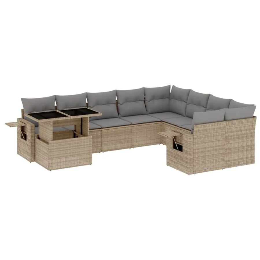 vidaXL 10-tlg. Garten-Sofagarnitur in L-Form aus beigem Poly-Rattan mit UV-beständigen Kissen und pulverbeschichtetem Stahlgestell - Bild 2