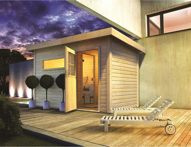 Karibu Saunahaus Ondo 1 Set naturbelassen mit 9 kW Bio Ofen und externer Steuerung - Bild 1