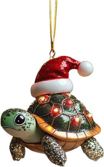 Funkelnder Weihnachtsbaum Anhänger Schildkröte mit Weihnachtsmannmütze in Mehrfarbig - Bild 1
