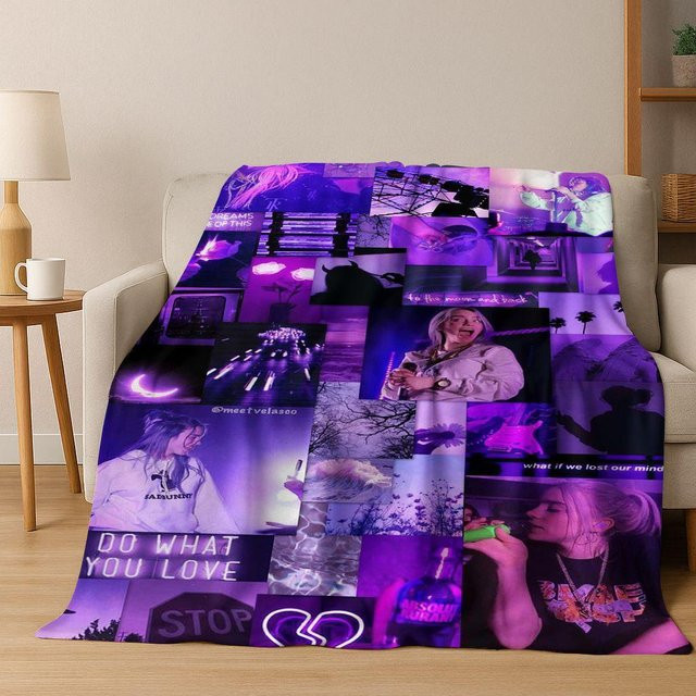 Billie Eilish Hit Me Hard and Soft Flanelldecke Weiche Überwurfdecke für Schlafzimmer und Reise, Farben: Weiß und Lila, B/T: 130 x 170 cm - Bild 1