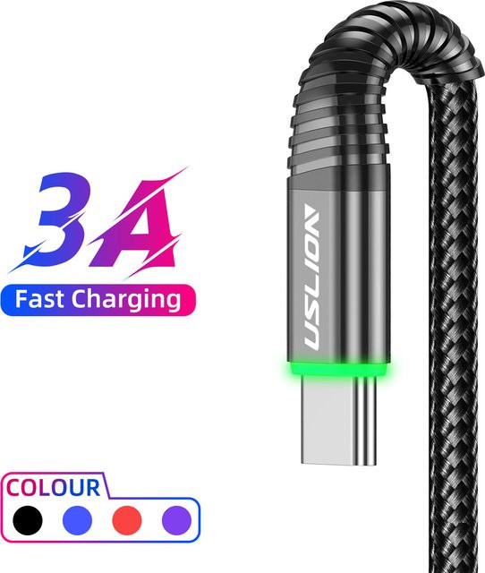 Uslion USB Typ-C Schnellladekabel USB 3.0 mit LED für Huawei, Honor, Xiaomi, Samsung und OnePlus in Schwarz und Rot - Bild 1