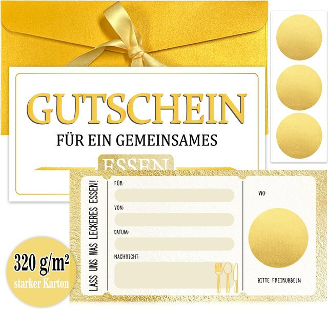 3-teiliges Gutschein-Kartenset für ein gemeinsames Essen in goldenem Design aus Papier - Bild 1