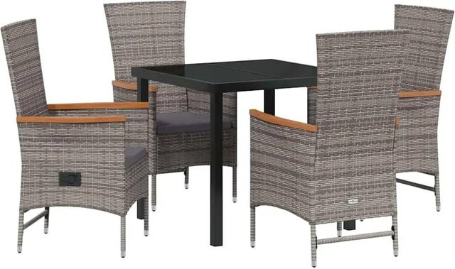 vidaXL Garten Essgruppe 5-teilig aus Poly Rattan und Akazienholz in Grau mit Kissen und Sicherheitsglas, B/T/H: 130 x 80 x 73 cm - Bild 1
