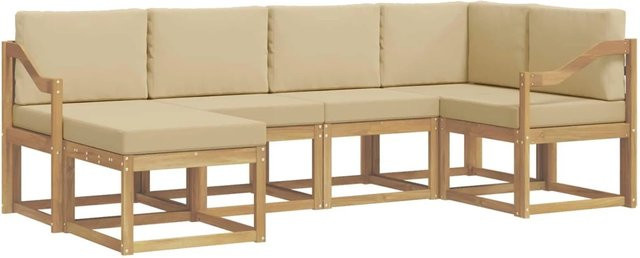 vidaXL Outdoor-Sofagarnitur 6-teilig in L-Form mit Kissen aus Akazienholz und Polyester in Weiß und Beige - Bild 1