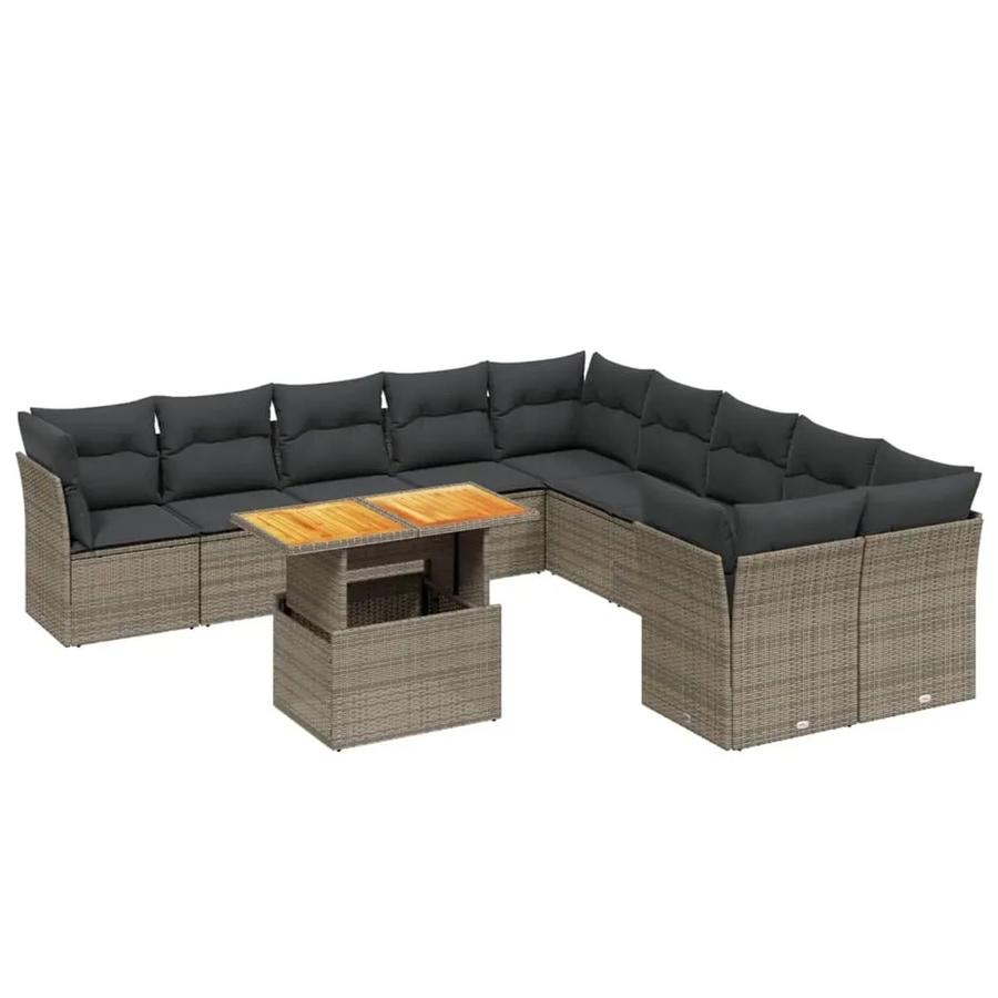vidaXL 11-teilige Garten-Sofagarnitur in Grau aus Polyrattan mit Kissen und Tisch in L-Form - Bild 2