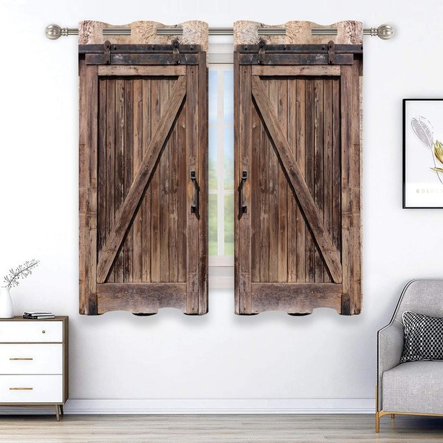 2er-Set Rustikale Vorhänge mit Türmuster von Yiran Furniture in Braun, semi-transparent, B: 70 cm, H: 185 cm - Bild 1