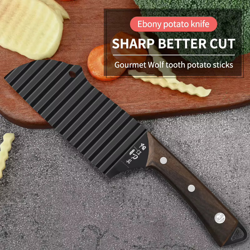 Seiko Wave gezacktes Küchenmesser mit Wolfszahn-Schliff für Kartoffeln in Holzoptik - Bild 2