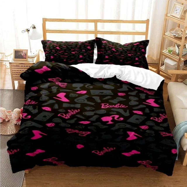 Barbie Bettwäsche-Set mit Cartoon Anime Motiv, 3-teiliges Set aus Steppdeckenbezug und Kissenbezug aus Mikrofaser, Farbe: Schwarz, B/H: 210 x 210 cm - Bild 1