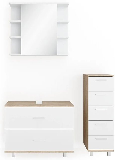Vicco Badmöbel Set Ilias in Weiß und Eiche bestehend aus Spiegel, Kommode und Unterschrank mit einer Breite von 80 cm - Bild 2