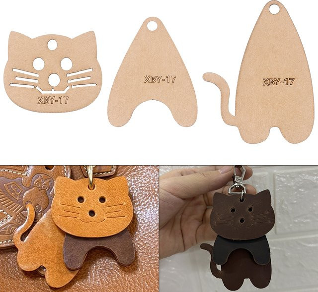 QJH DIY Leder Handarbeits-Set für personalisierte Katzen-Schlüsselanhänger mit Kraftpapier-Vorlage - Bild 1