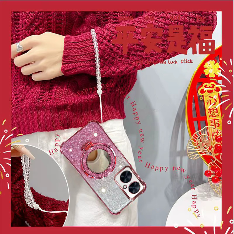 Stoßfeste Handyhülle für Huawei Nova 11i, Nova 11 und Nova 12 SE mit Glitzer-Design, Spiegelständer und Perlenarmband in Pink - Bild 2