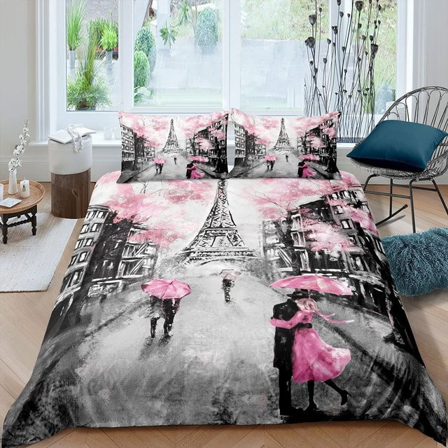 Your Warm Home Bettwäsche-Set Eiffelturm Vintage-Romantik in Grau mit Motiv im Zeitungsstil, bestehend aus Bettbezug und Kissenbezügen, Material: Polyester, Breite: 70 cm, Länge: 133 cm - Bild 1