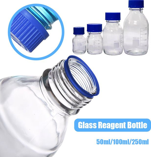 Mehrzweck Laborglas-Reagenzflasche aus Glas mit blauem Verschluss, transparent - Bild 1