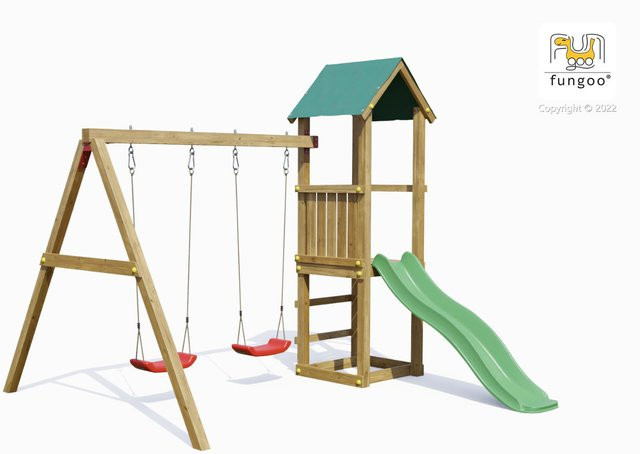 Fungoo Spielturm Lucas Klettergerüst in Natur mit Doppelschaukel, Rutsche und Holzdach - Bild 1