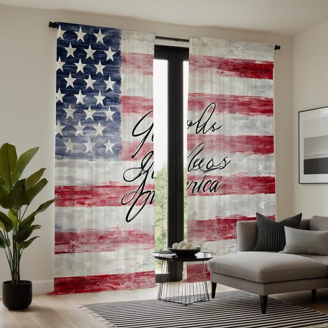 2er-Set dekorative Vorhänge mit US-Flaggen-Motiv und roter Krawatte, grau, B: 132 cm, H: 160 cm - Bild 1