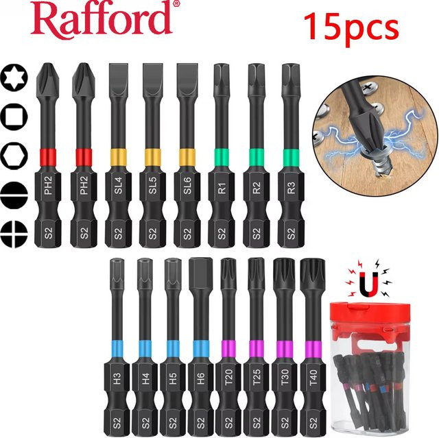 Rafford 15-teiliges magnetisches Bit-Set aus S2-Stahl mit magnetischem Gehäuse und 5 verschiedenen Bit-Arten für Schlag- und Elektroschrauber - Bild 1