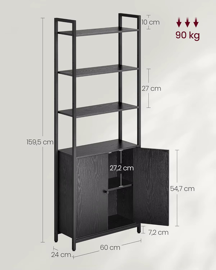 VASAGLE Bücherregal im Industrial Design mit 6 Ebenen, Metallrahmen und Türen, Schwarz Matt, B: 60 cm, T: 24 cm, H: 159,5 cm - Bild 3