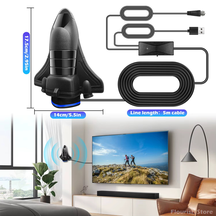FUYUMY TV-Antenne für Innenräume mit 1200 Meilen Reichweite für Smart TV und ältere Fernseher, unterstützt 4K und 8K HD, VHF/UHF, in Blau oder Schwarz - Bild 6