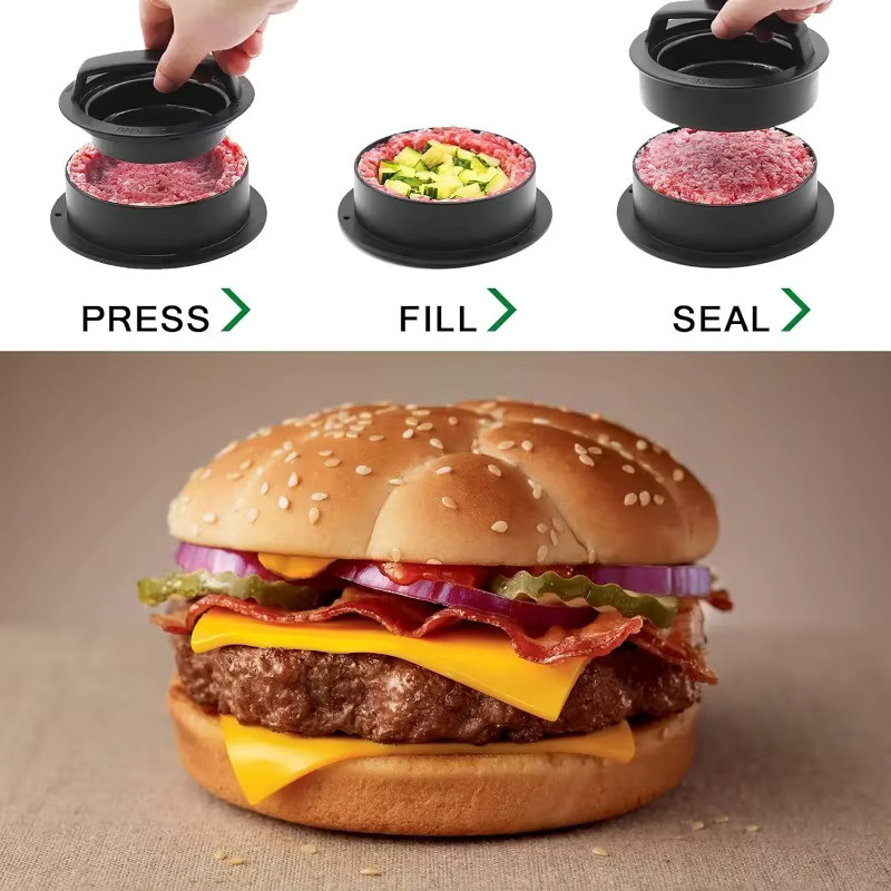 3-in-1 Hamburgerpresse aus Kunststoff für Rind-, Gemüse- und Slider-Patties, Schwarz, Rund - Bild 5