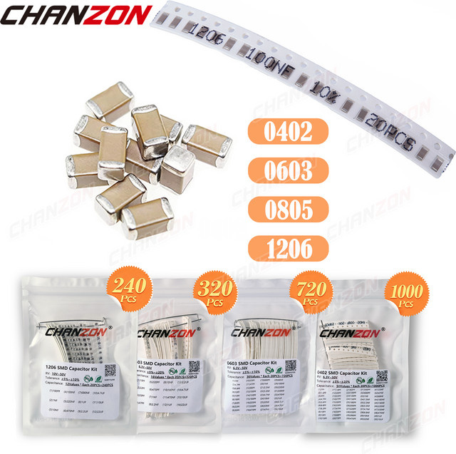 CHANZON SMD-Kondensator-Sortiment MLCC Dickschicht-Chip-Kondensatoren mit 10pF, 22pF, 100pF, 1nF und 10nF in den Bauformen 0402, 0603, 0805 und 1206 - Bild 1