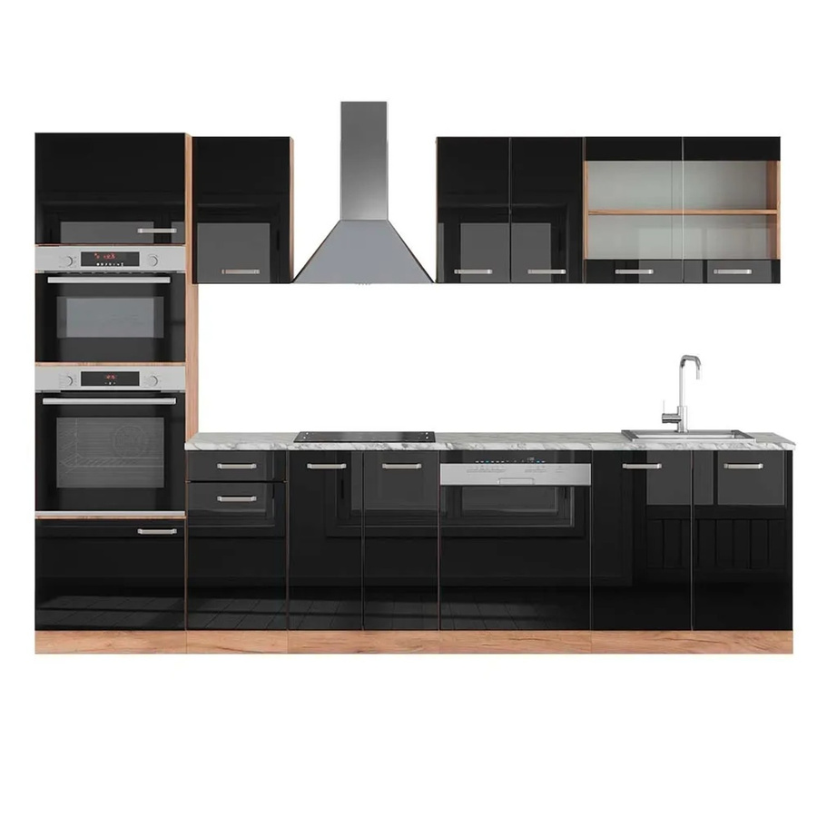 Vicco R-Line Küchenzeile Schwarz Hochglanz und Goldkraft Eiche mit Hochschrank und Marmor-Optik, Breite: 300 cm, Höhe: 207 cm, Tiefe: 60 cm - Bild 2