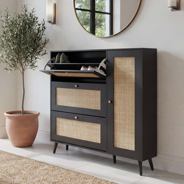 MCW Rattan-Schuhkipper M37 Schuhschrank in Schwarz mit 3 Kippfächern, B/H/T: 127 x 24 x 120 cm - Bild 1