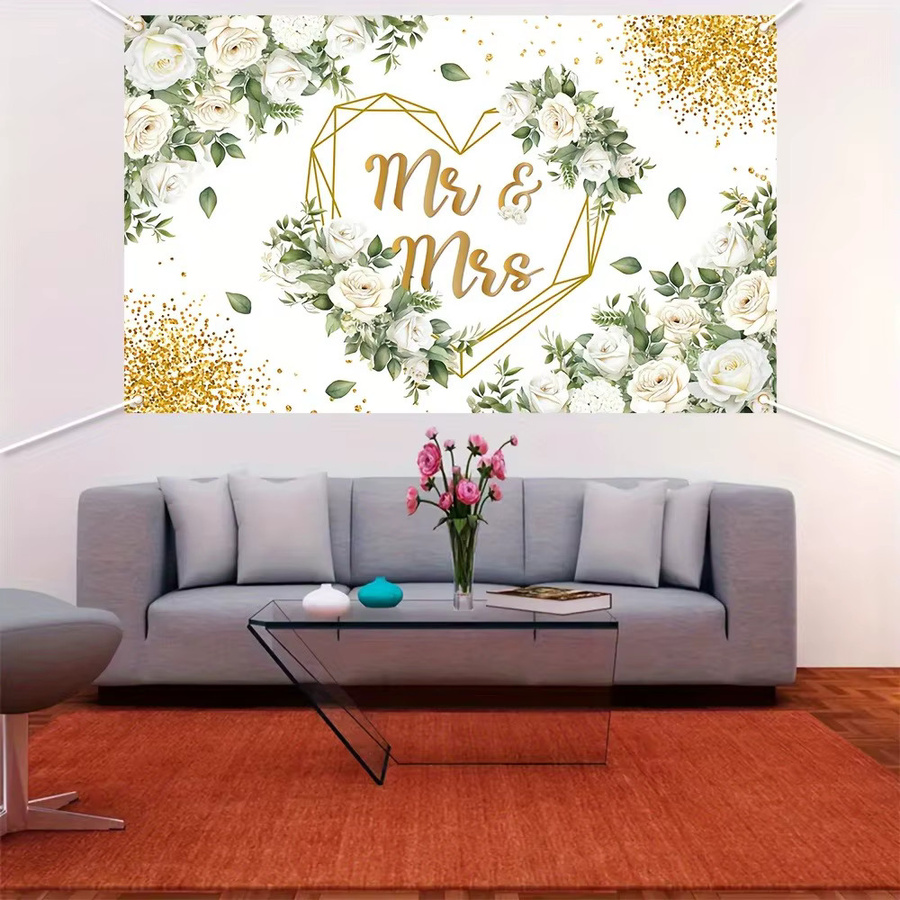 OURFETE Hochzeits-Hintergrund mit weißen Rosen und geometrischem Goldherz für Brautparty und Fotografie, Weiß und Gold - Bild 2
