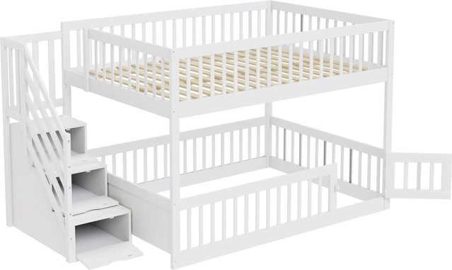 Merax Etagenbett für Kinder in Weiß und Grau mit Treppe und Schubladen aus Holz und MDF, B/T/H: 200 x 140 x 145 cm - Bild 1