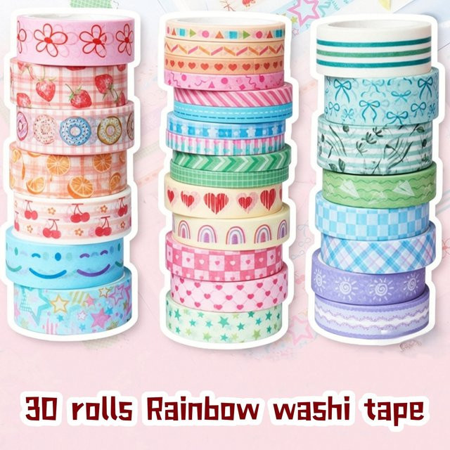 VALIOSOPA Kawaii Washi Tape Set mit 30 Rollen in Regenbogen-Pastellfarben für dein Tagebuch und Album - Bild 1