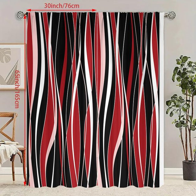2er-Set HD-gedruckte Vorhänge mit roter Linie aus Polyester, halbtransparent, modern, Farbe: Rot/Schwarz, Breite: 75 cm, Höhe: 166 cm - Bild 1