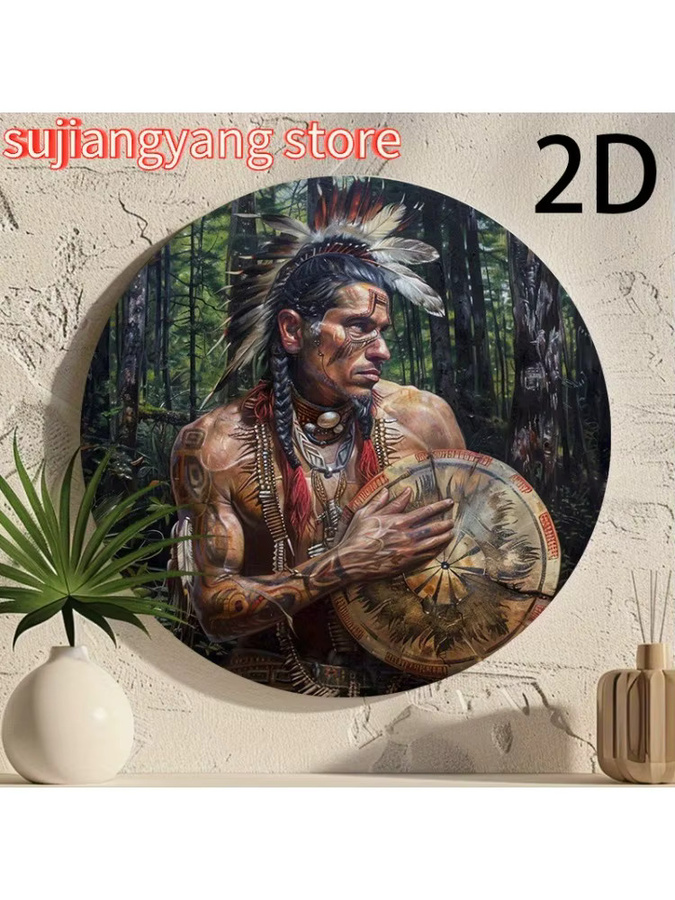 Potdemiel Vintage Native American War Chief Rundes Aluminium-Wanddekorschild aus Metall, Mehrfarbig, Durchmesser: 20,32 cm - Bild 7