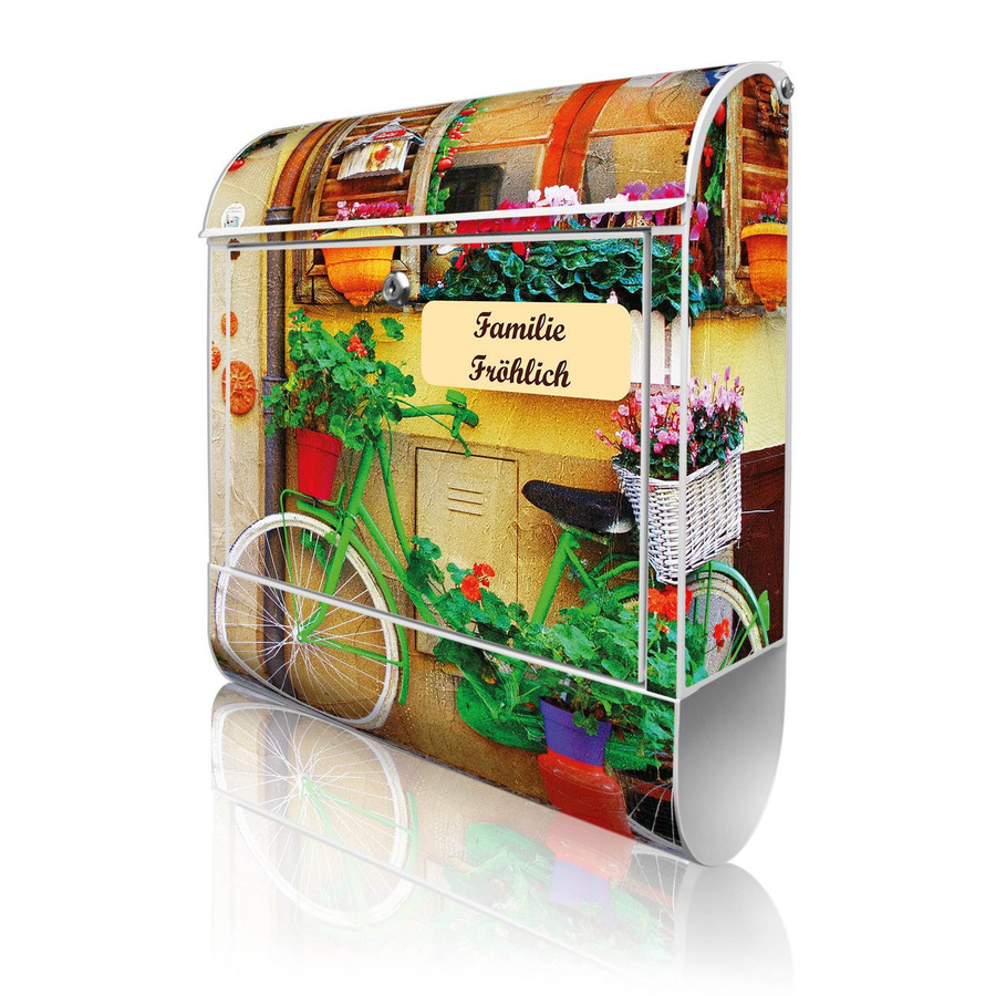 banjado Wandbriefkasten weiß groß mit Motiv Grünes Fahrrad und Zeitungsfach, B/H/T: 38 x 47 x 13 cm - Bild 1