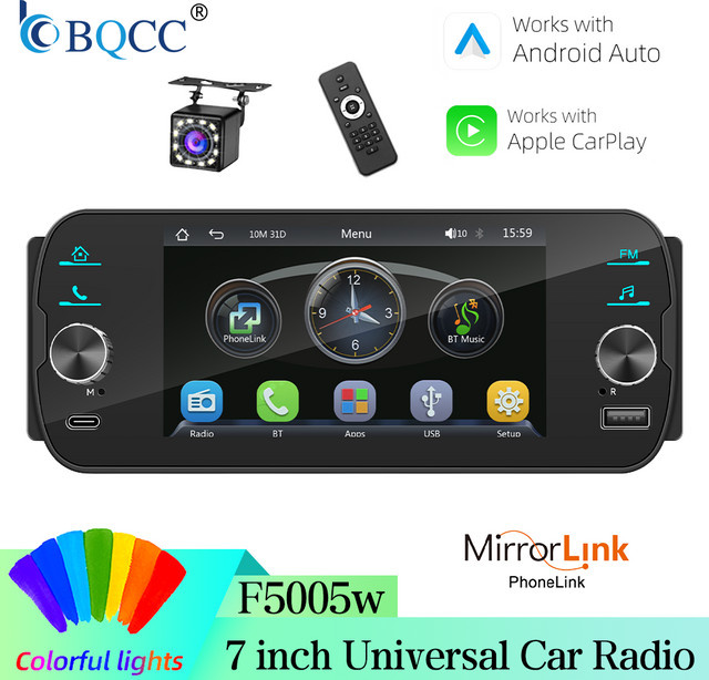 BQCC 1DIN 5 Zoll Universal Auto Multimedia Stereo Radio mit Wireless CarPlay und Android Auto, Schwarz mit 7 Farben LED-Beleuchtung - Bild 1