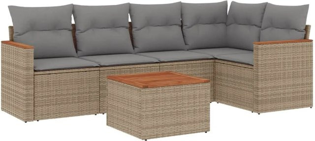 vidaXL 6-teilige Garten-Sofagarnitur in L-Form aus Poly-Rattan mit beigen Kissen und pulverbeschichtetem Stahlgestell - Bild 1