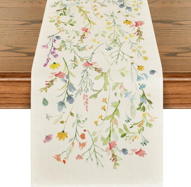 Beau Maison Tischläufer aus Leinen mit floralem Frühlingsblumen-Design in Beige und Multicolour, B/H: 150 x 33 cm - Bild 1