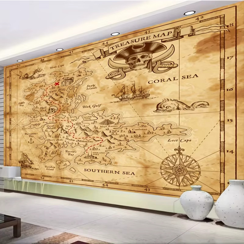 VIKAMA Retro Piraten-Schatzkarte Wandteppich in Braun als Textil-Wanddeko für dein Wohnzimmer - Bild 2