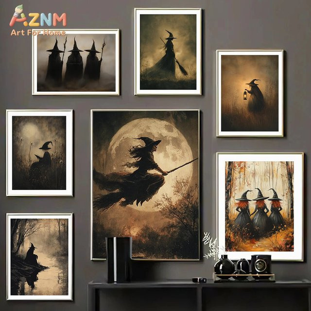 Dark Academia Wandkunst Kayou Poster mit schwarzer Katze und Hexe im Gothic-Stil, Vintage Leinwandgemälde für dein Wohnzimmer oder Schlafzimmer - Bild 1