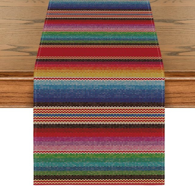 JINGYUE Pet Serape Tischläufer aus Leinen in Bunt mit blauem Streifenmuster, B/B: 150 x 33 cm - Bild 1