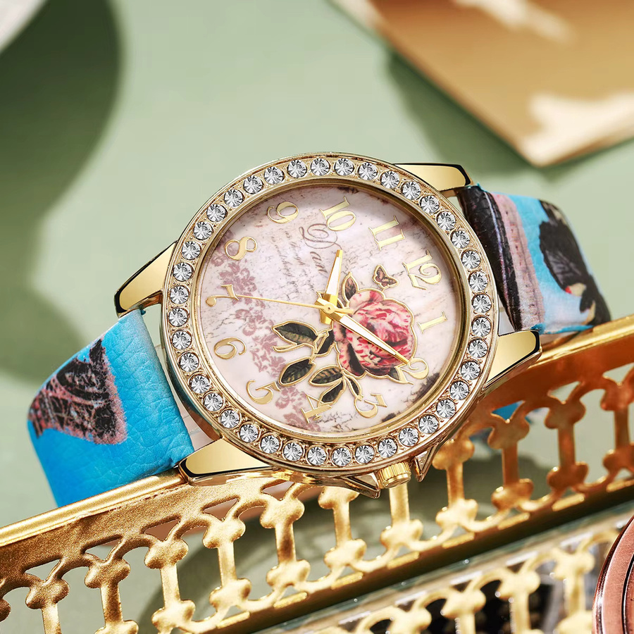 RUNERR Armbanduhr, Analoguhr, Messing, Gold, Leder, Diamantbesetzt, Damen - Bild 4